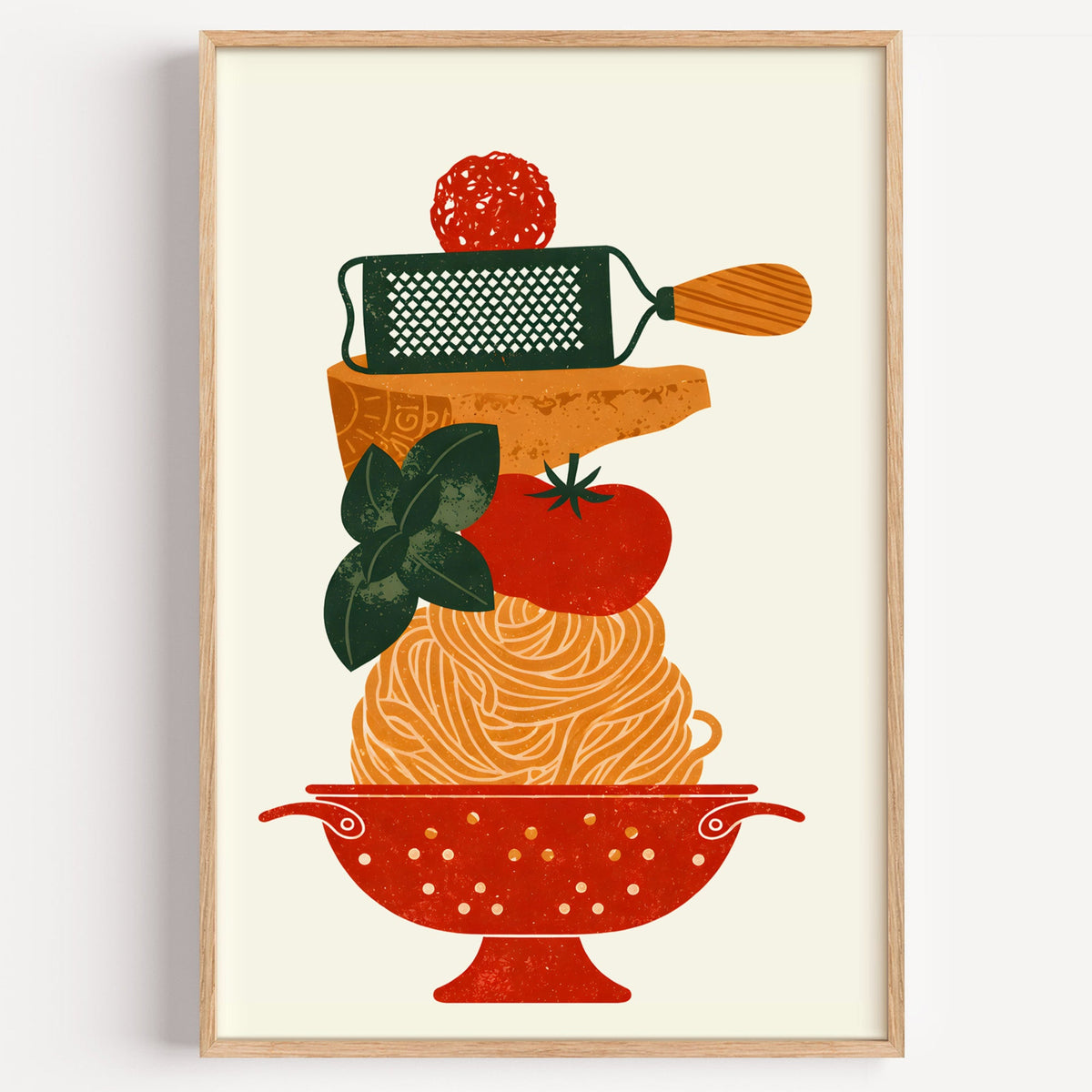 Pasta colander stack print in a light oak frame on a plain white wall