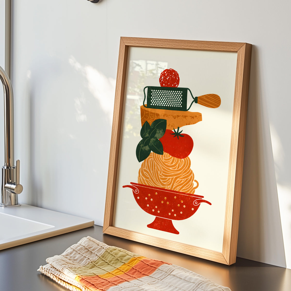 Pasta colander print in an oak frame by the kitchen sink with a striped tea towel