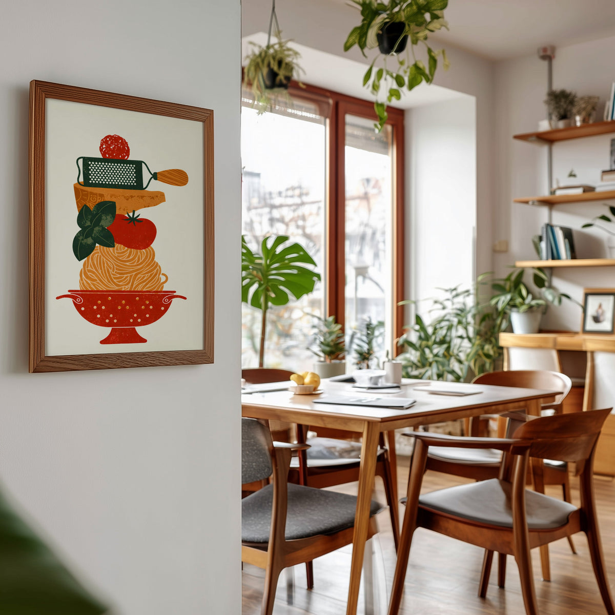 Pasta colander print in a walnut frame beside a mid-century dining table