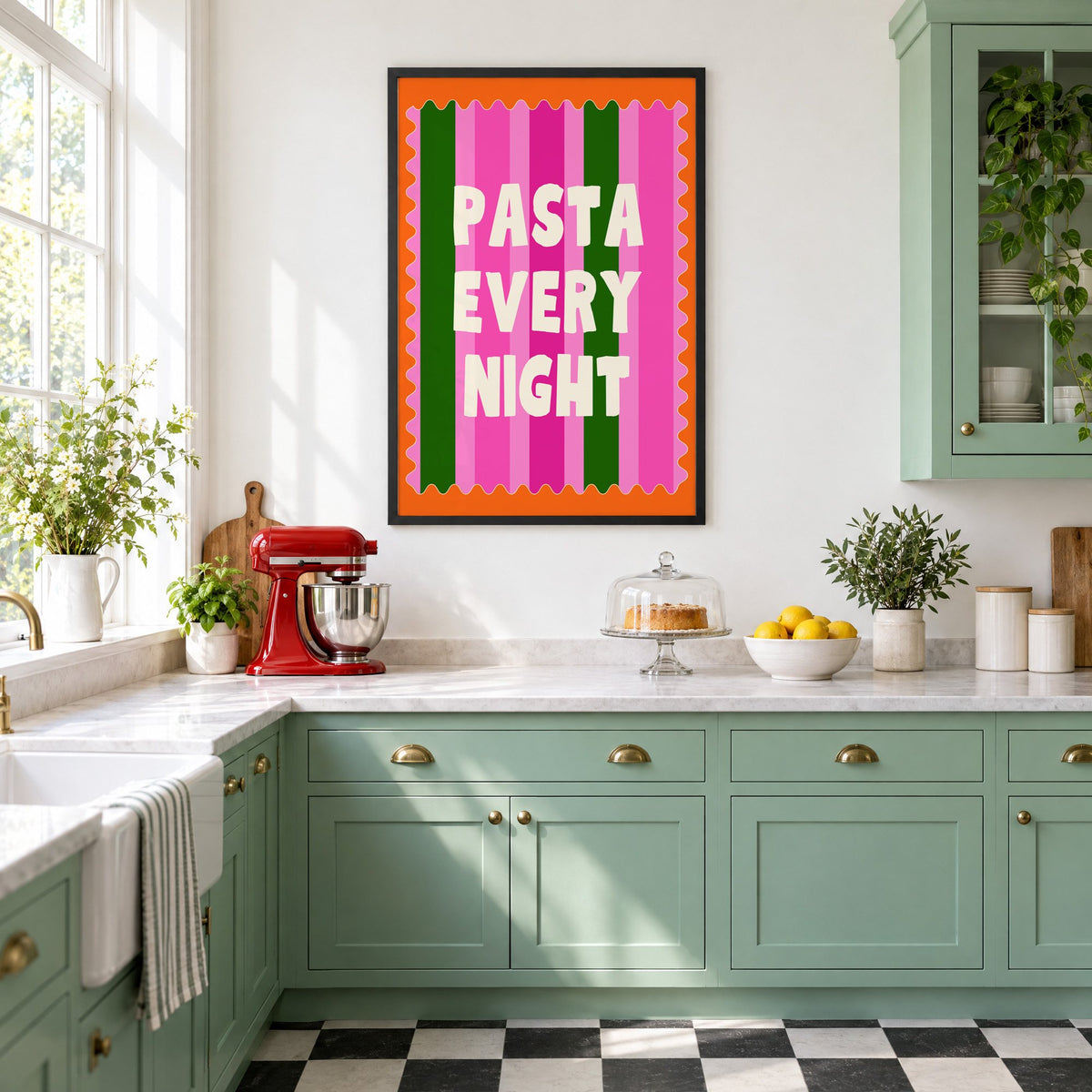 Pasta Every Night pink stripe print in a black frame in a mint green retro kitchen above a red stand mixer