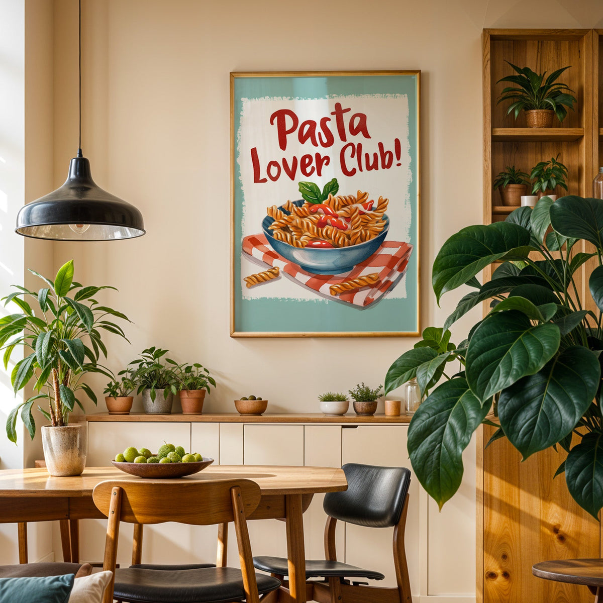 Pasta Lover Club fusilli print in an oak frame in a dining room above a plant-lined sideboard