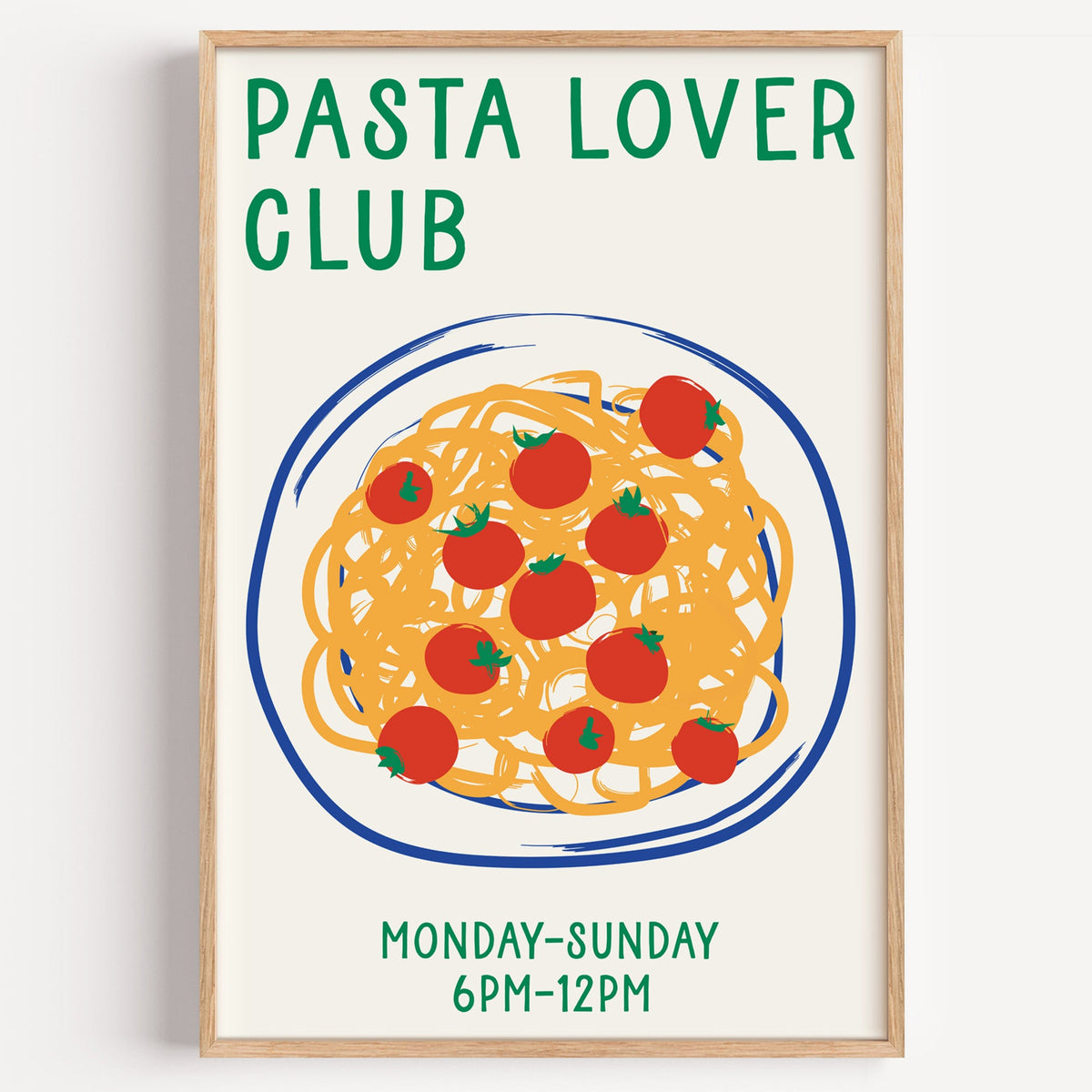 Pasta lover club print in a light oak frame on a plain white wall