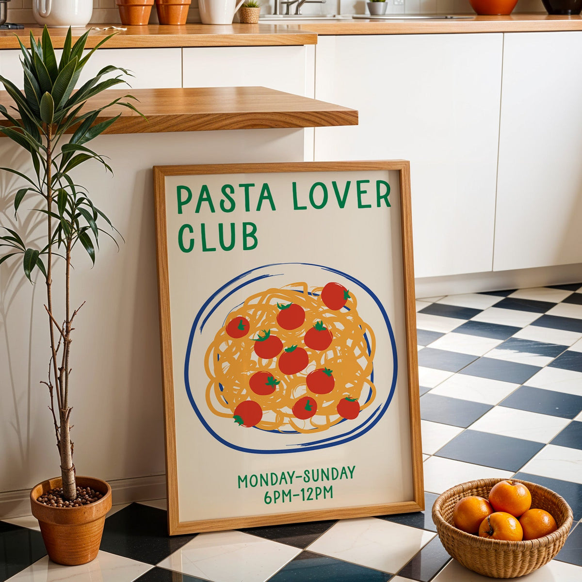 Pasta lover club print in an oak frame by a kitchen island and checkered floor