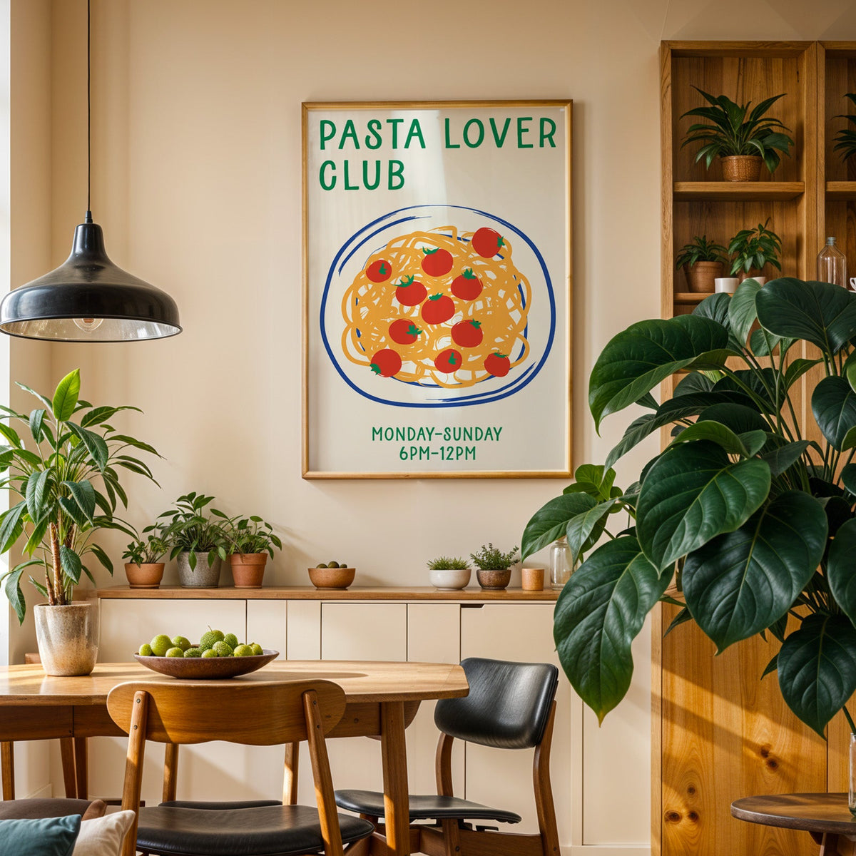 Pasta lover club print in an oak frame above a sideboard in a plant-filled dining room