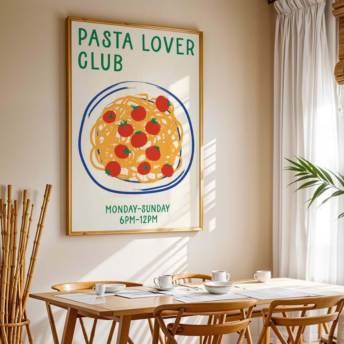 Pasta lover club print in a gold frame above a sunlit breakfast table