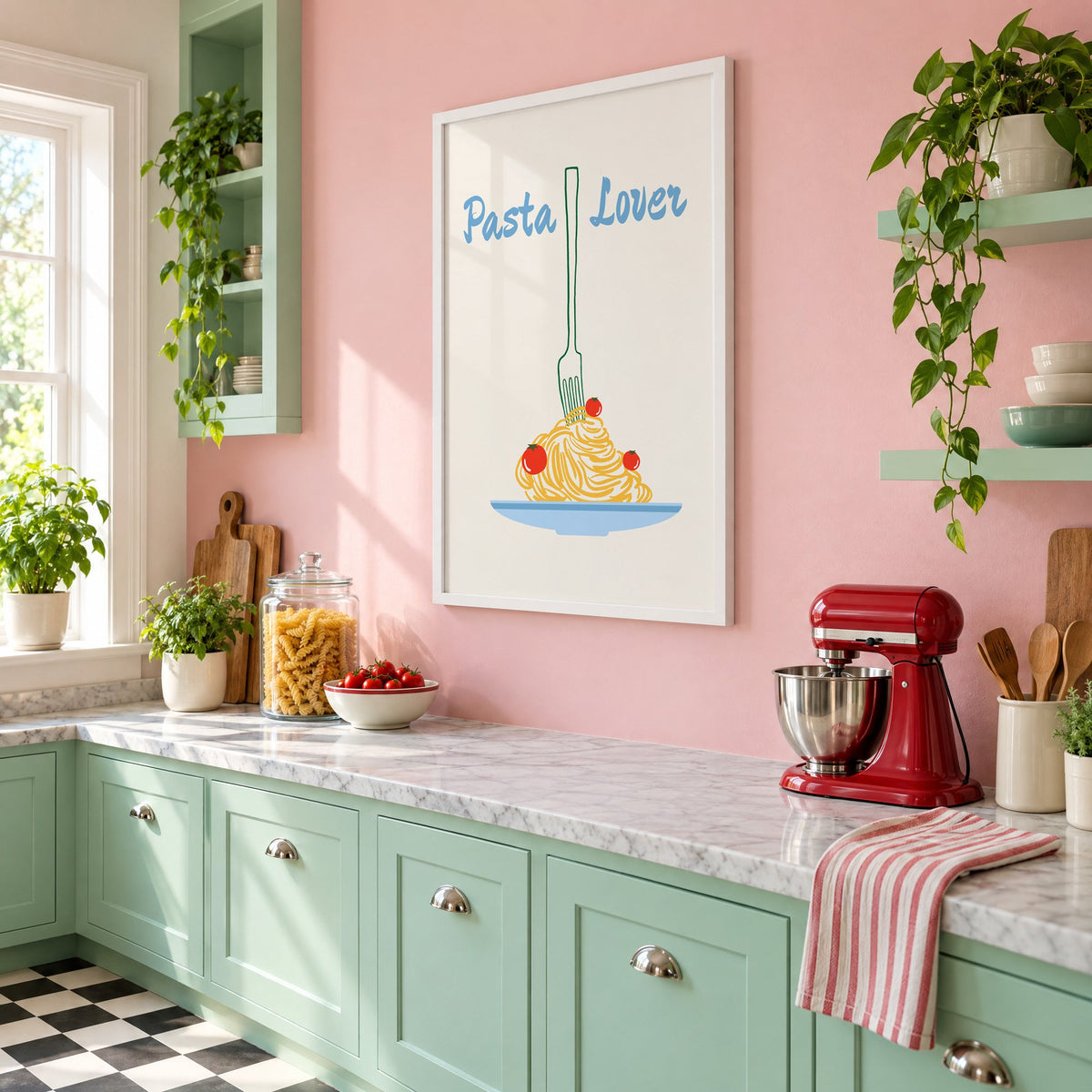 Pasta Lover fork and spaghetti print in a white frame on a pink wall above mint green cabinets in a retro kitchen, seen at an angle