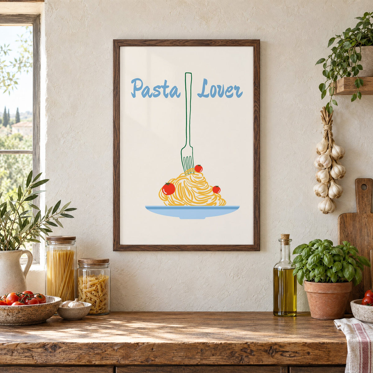 Pasta Lover fork and spaghetti print in a walnut frame above a rustic Italian pantry counter with pasta jars, garlic and tomatoes
