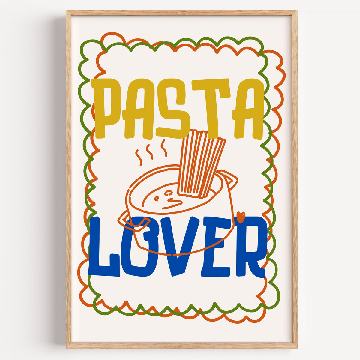 Pasta Lover scallop frame print in a light oak frame on a plain white wall