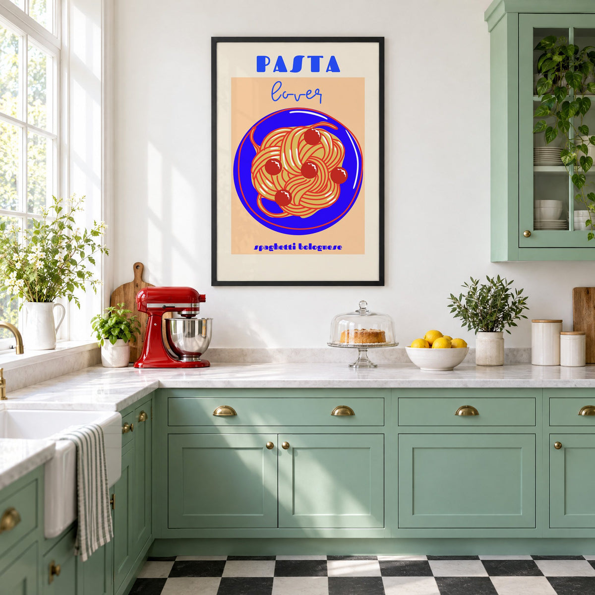 Pasta lover blue plate spaghetti print in a black frame in a mint green retro kitchen above a red stand mixer