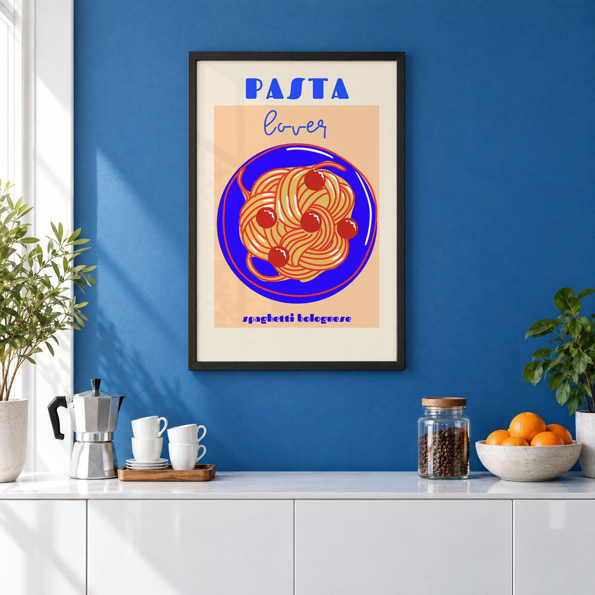Pasta lover blue plate spaghetti print in a black frame on a cobalt blue wall above a coffee station