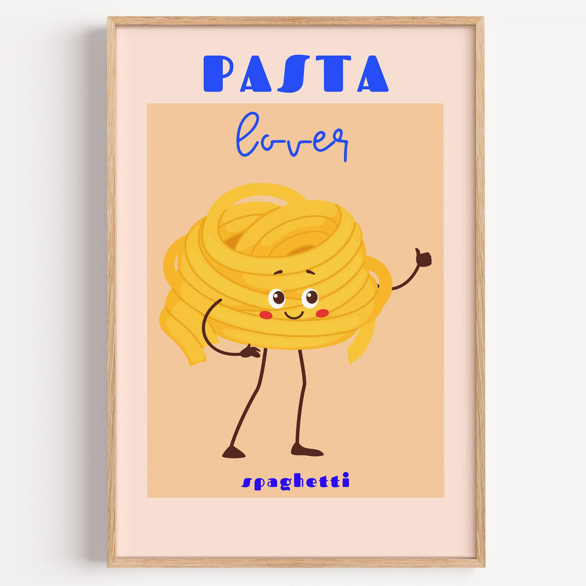 Pasta lover spaghetti character print in a light oak frame on a plain white wall