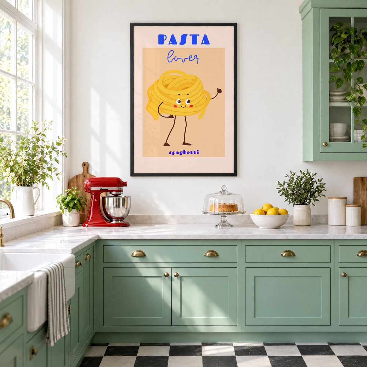Pasta lover spaghetti character print in a black frame in a mint green retro kitchen above a red stand mixer