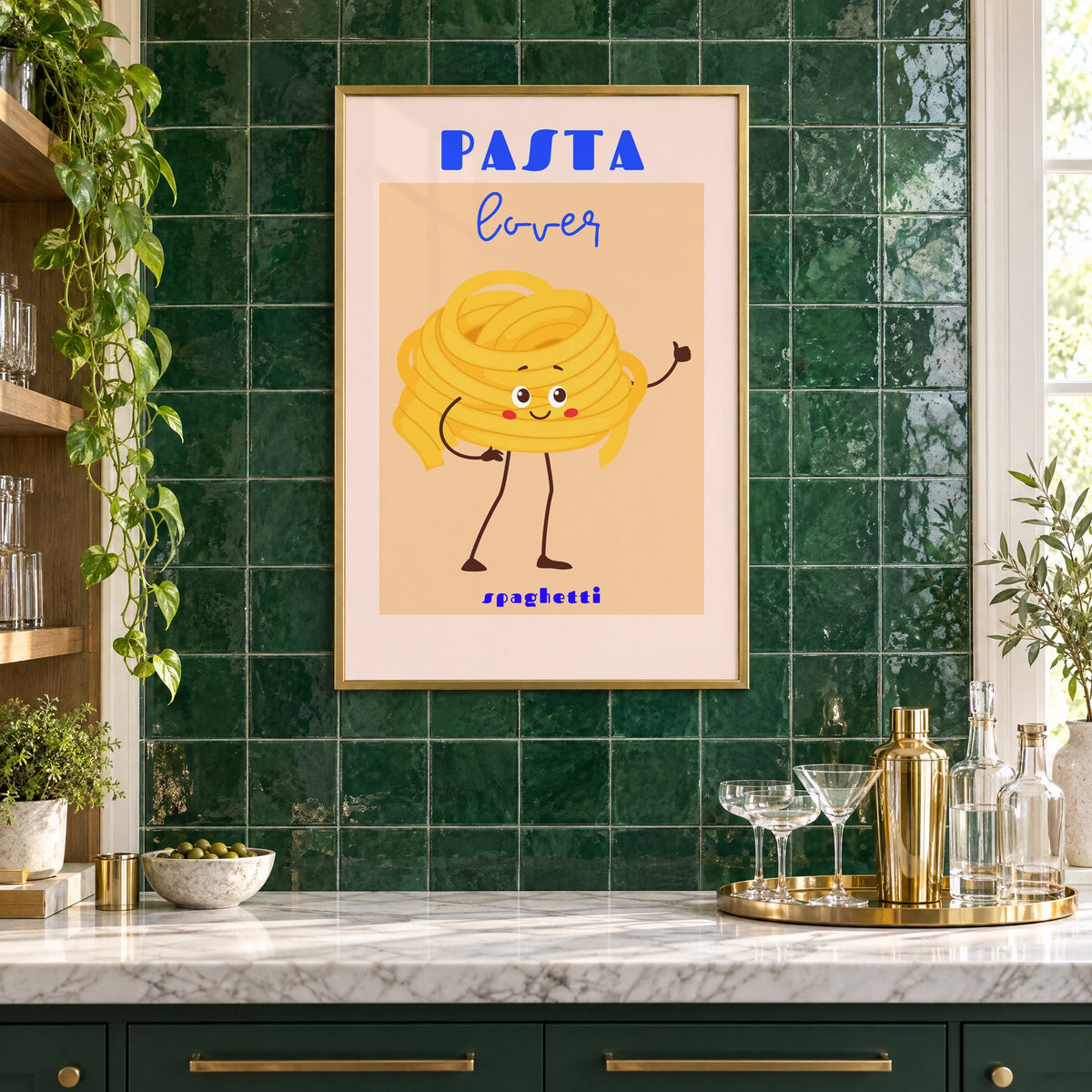Pasta lover spaghetti character print in a brass frame on emerald green tiles above a home bar with coupe glasses