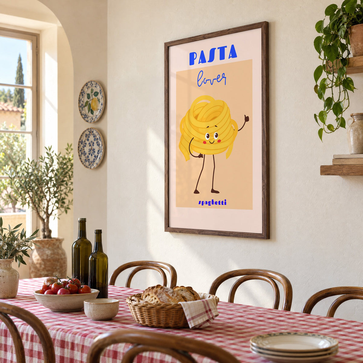 Pasta lover spaghetti character print in a walnut frame above a gingham-covered trattoria table, seen at an angle