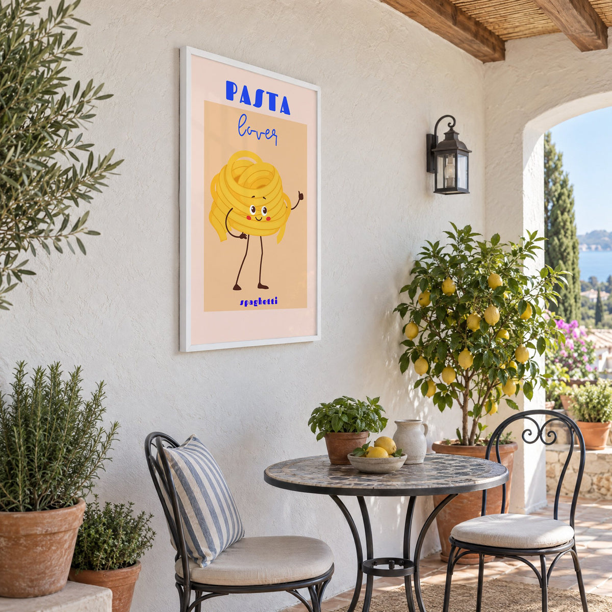 Pasta lover spaghetti character print in a white frame on a sunny patio wall beside a potted lemon tree
