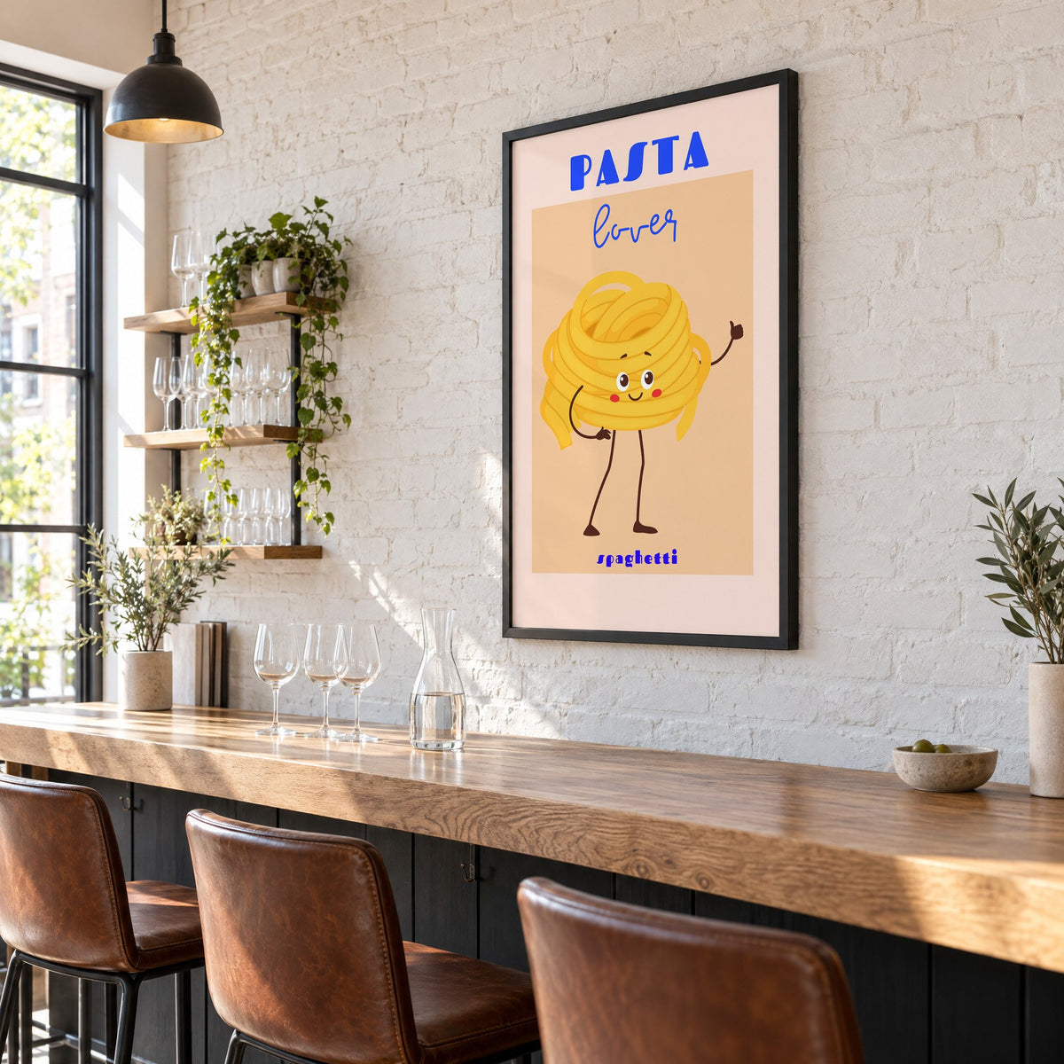Pasta lover spaghetti character print in a black frame on a white brick wall above a wine bar counter