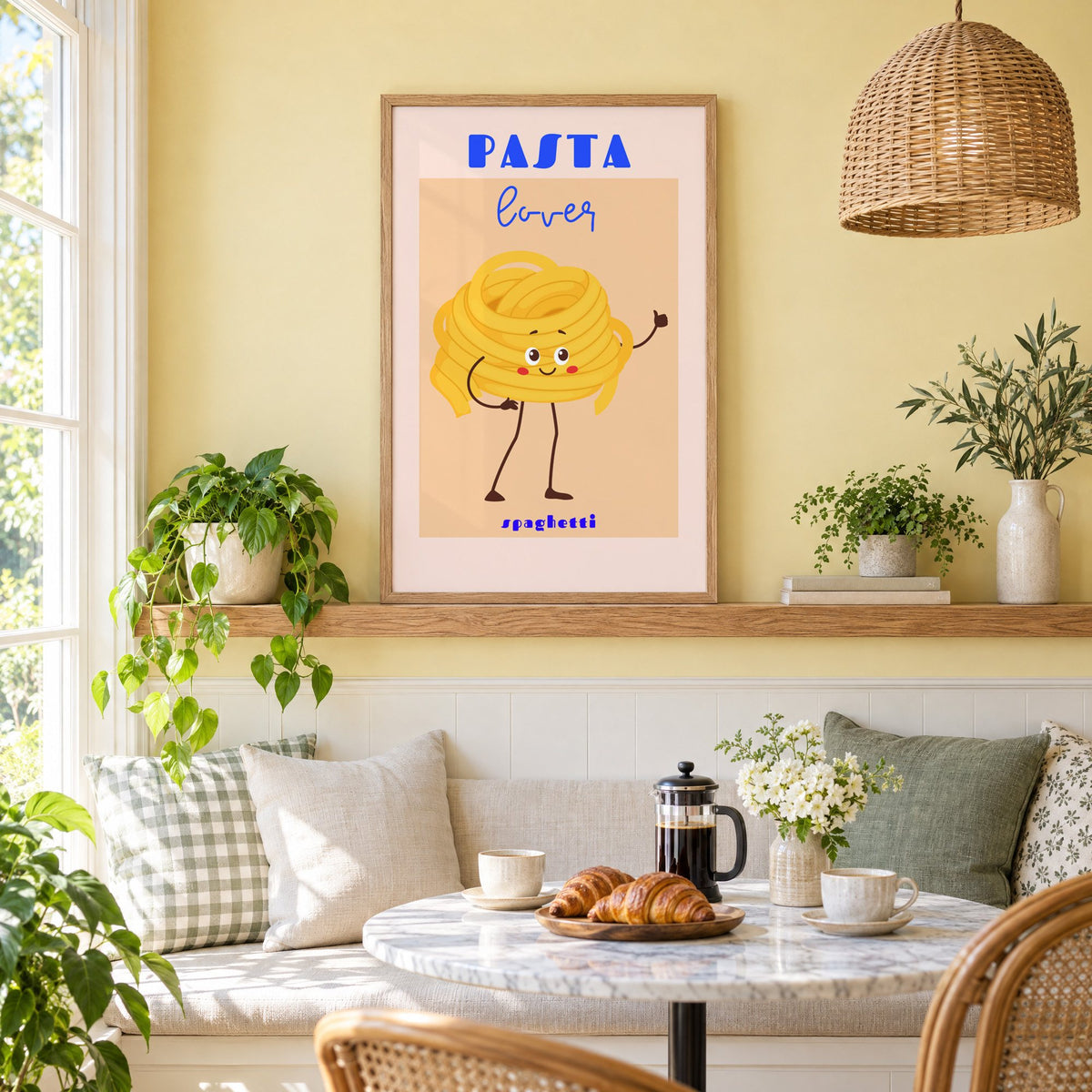 Pasta lover spaghetti character print in an oak frame on a picture ledge above a sunny breakfast nook