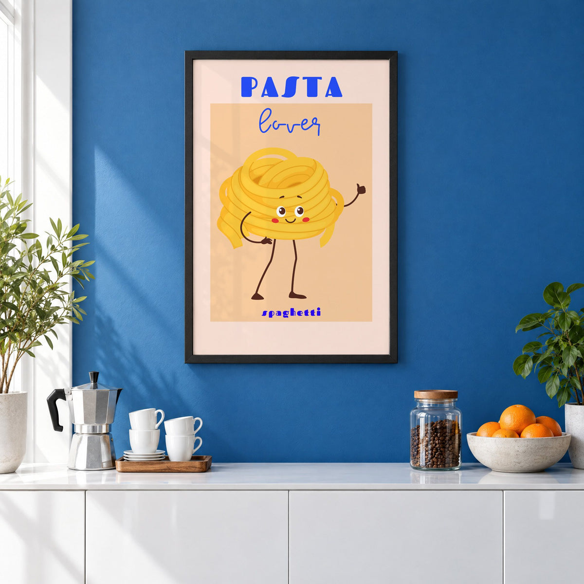 Pasta lover spaghetti character print in a black frame on a cobalt blue wall above a coffee station