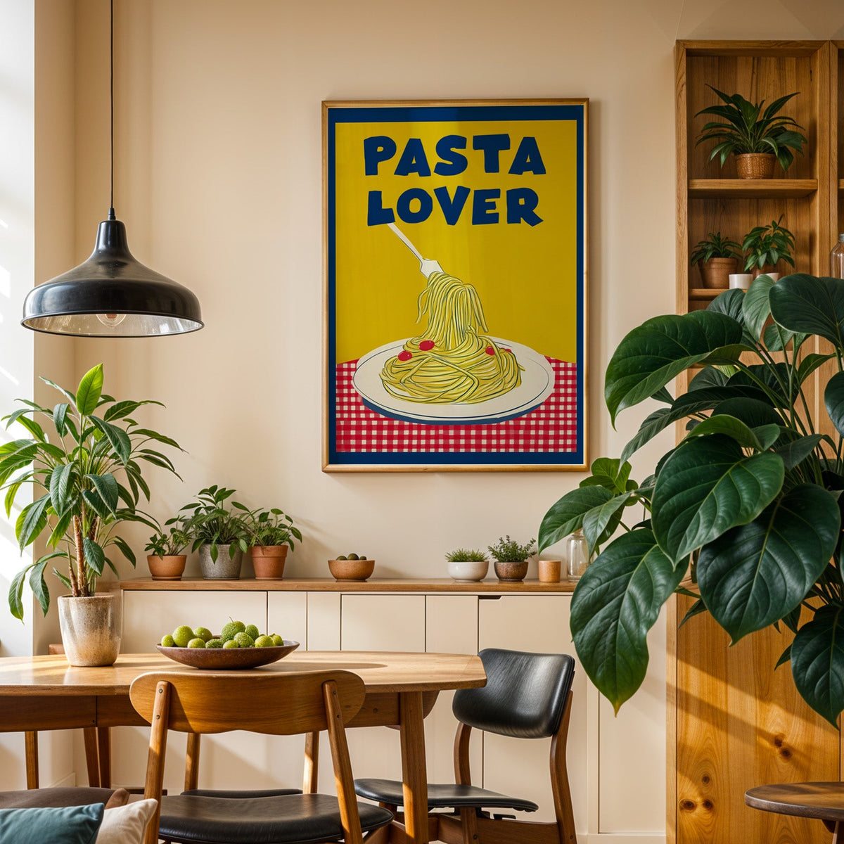 Pasta Lover yellow print in an oak frame in a dining room above a plant-lined sideboard