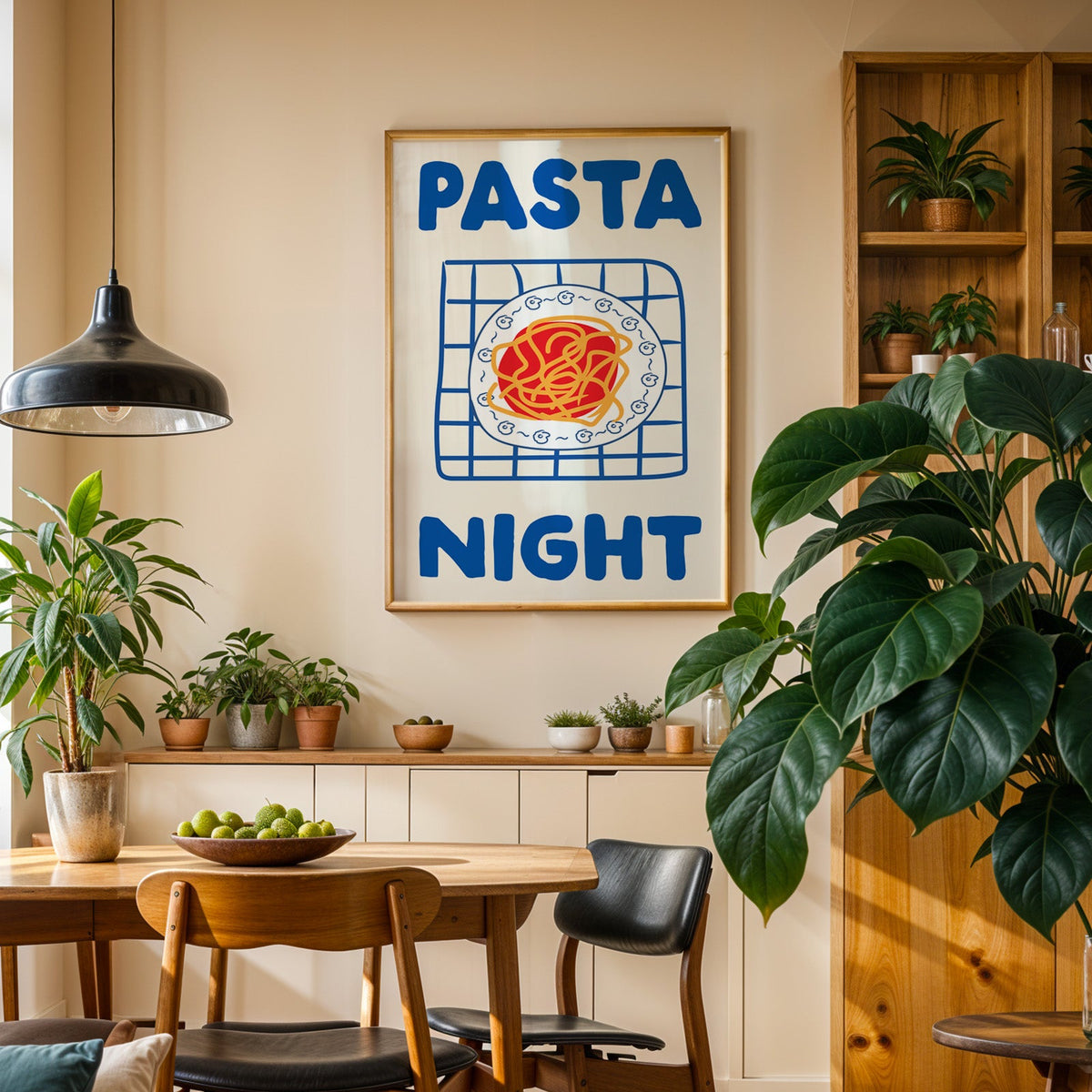Pasta night blue print in an oak frame above a sideboard in a plant-filled dining room
