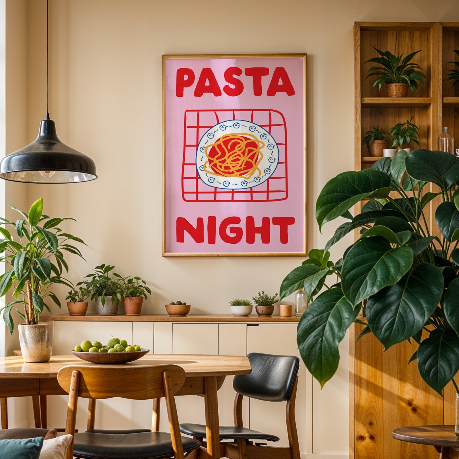 Pasta night pink print in an oak frame above a sideboard in a plant-filled dining room