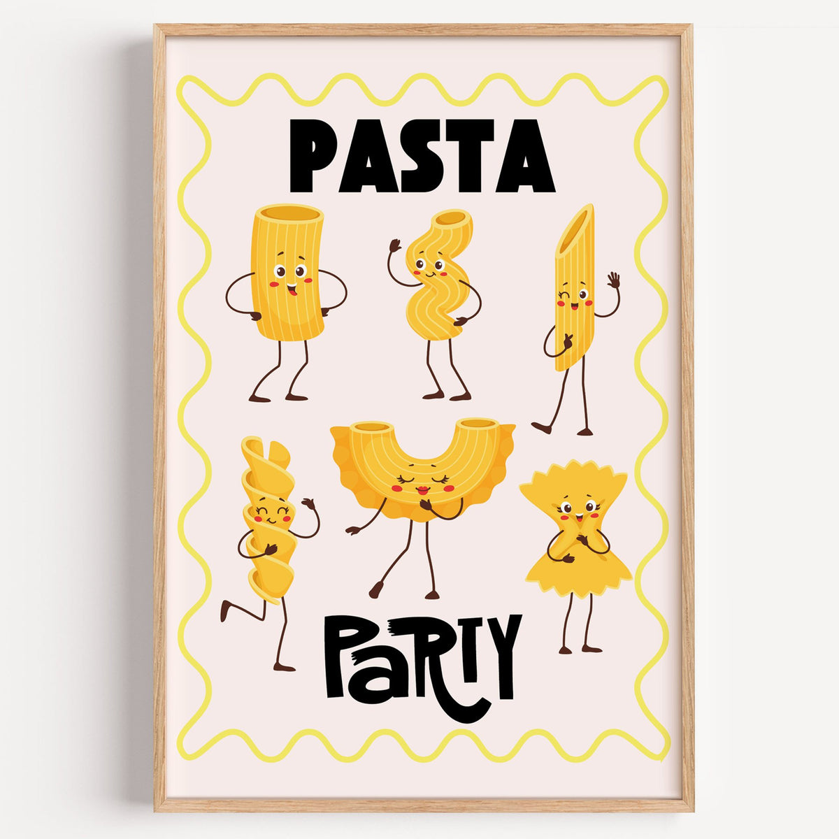 Pasta Party cartoon noodles print in a light oak frame on a plain white wall