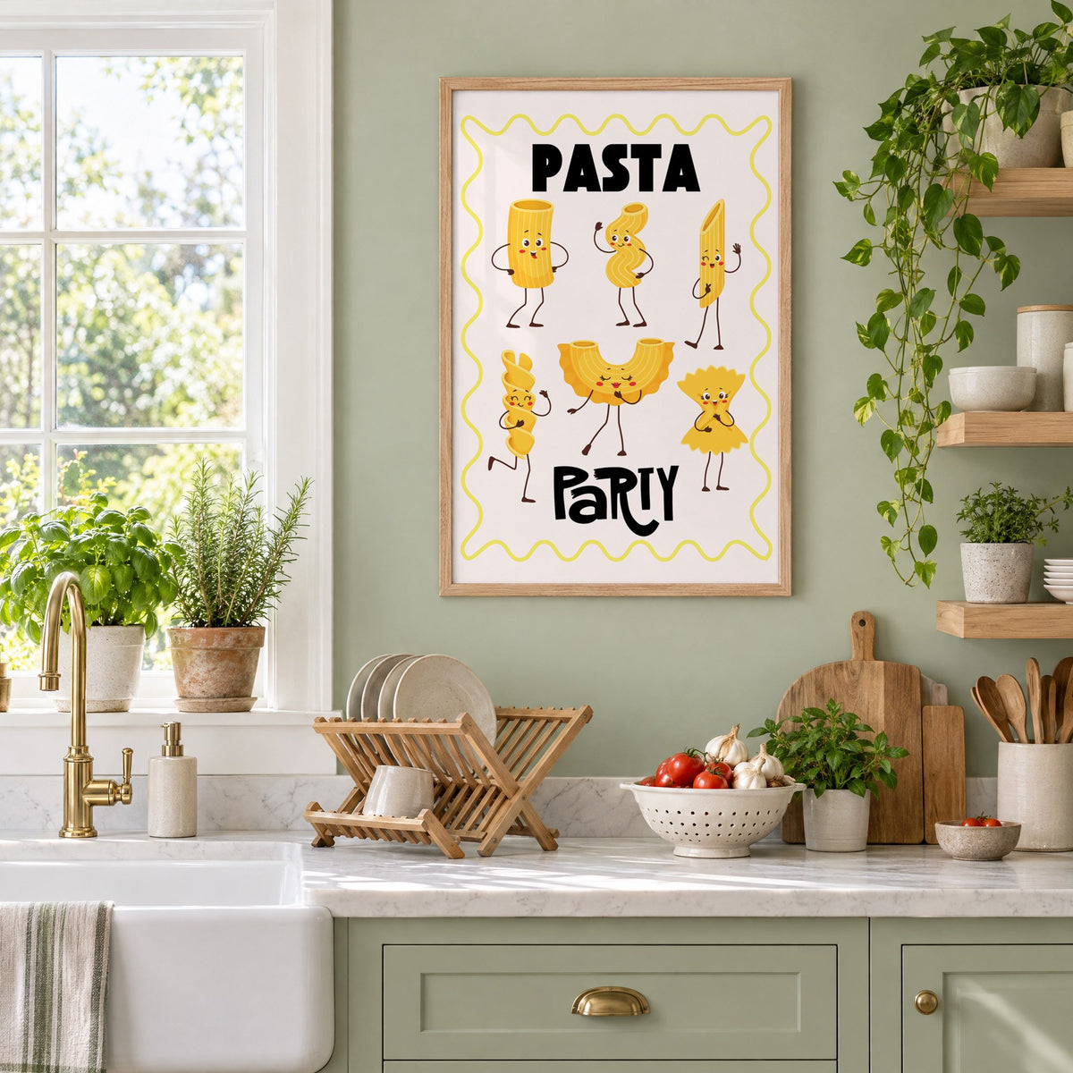 Pasta Party cartoon noodles print in an oak frame on a sage green kitchen wall beside a farmhouse sink and herbs