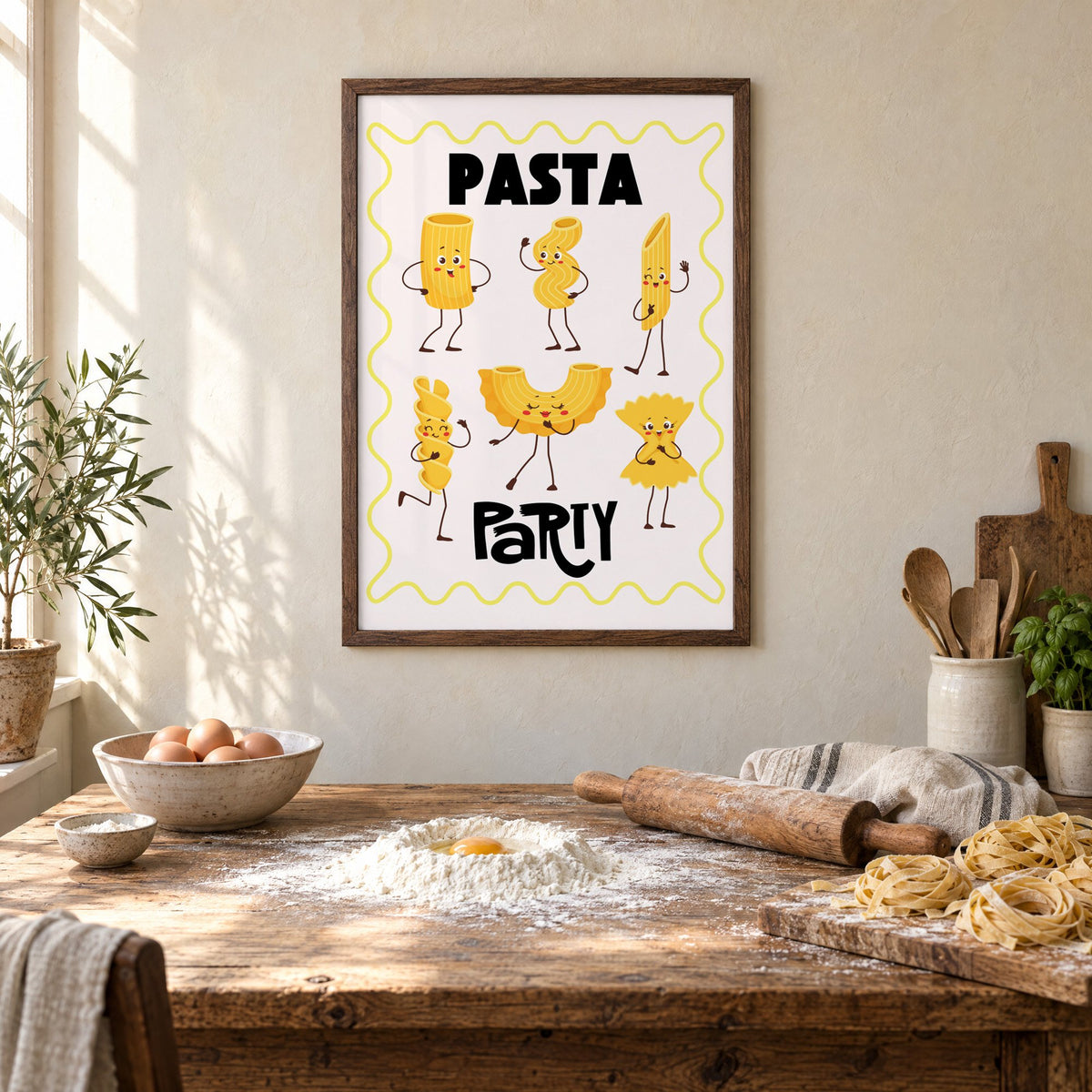 Pasta Party cartoon noodles print in a walnut frame above a rustic table set for making fresh pasta