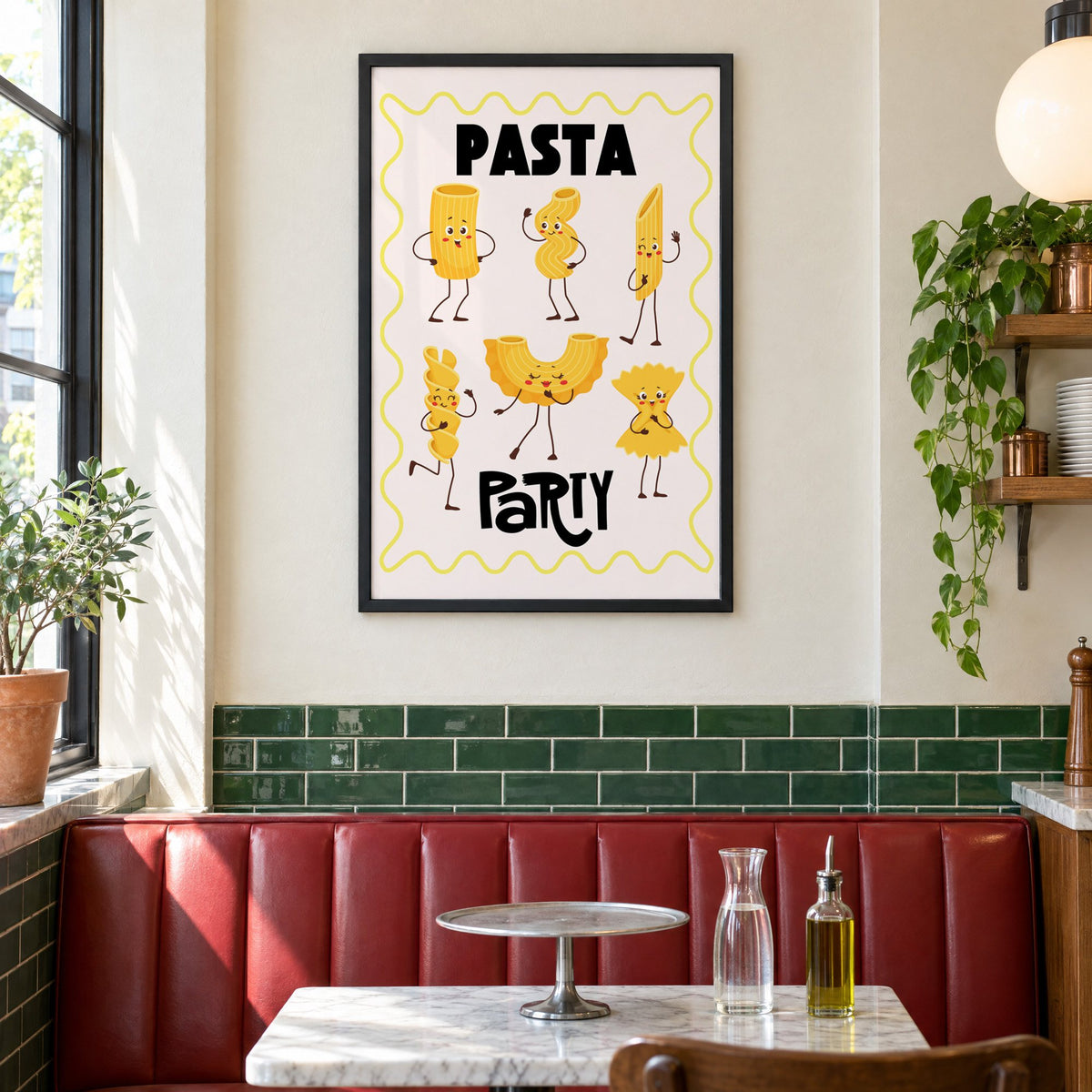 Pasta Party cartoon noodles print in a black frame above a red leather booth in a sunny pizzeria