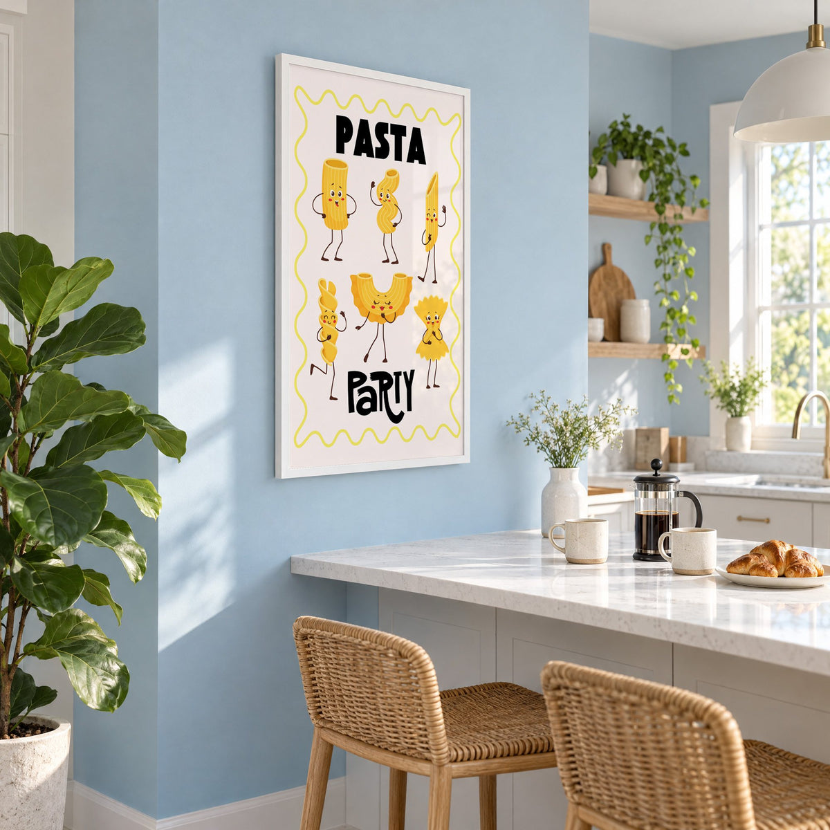 Pasta Party cartoon noodles print in a white frame on a pale blue wall above a breakfast bar with rattan stools