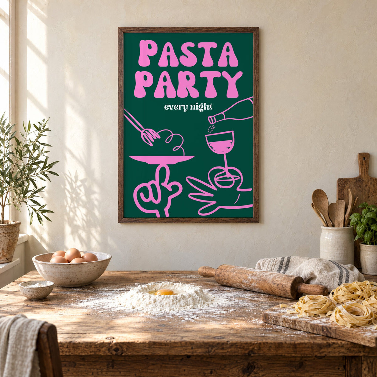 Pasta Party every night green print in a walnut frame above a rustic table set for making fresh pasta