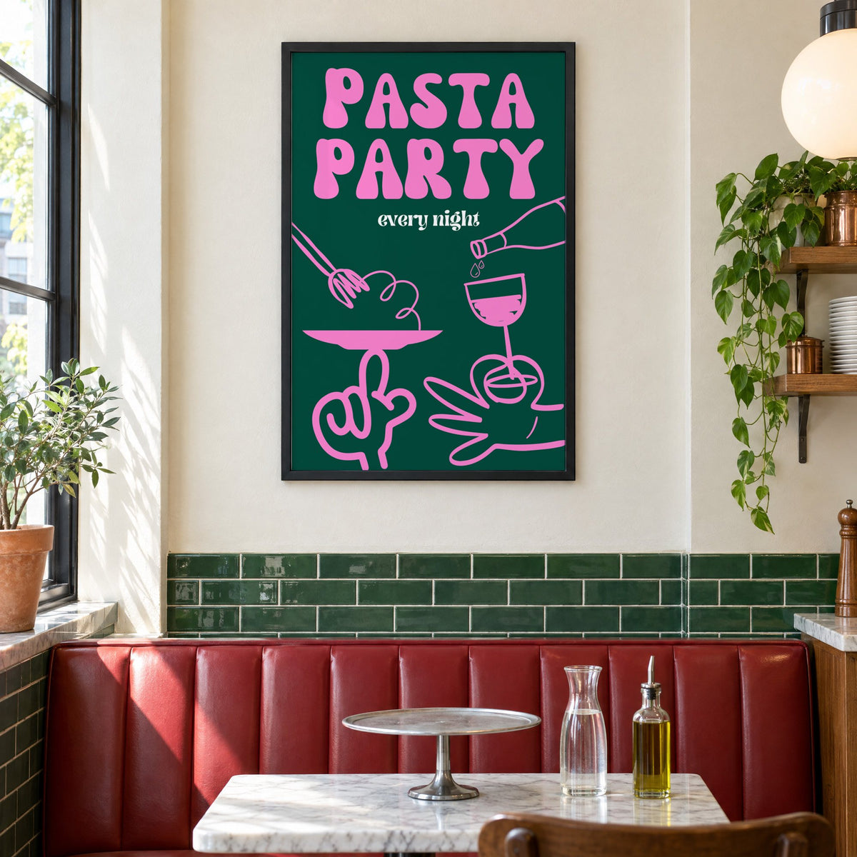 Pasta Party every night green print in a black frame above a red leather booth in a sunny pizzeria