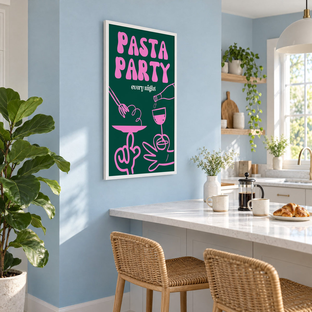 Pasta Party every night green print in a white frame on a pale blue wall above a breakfast bar with rattan stools