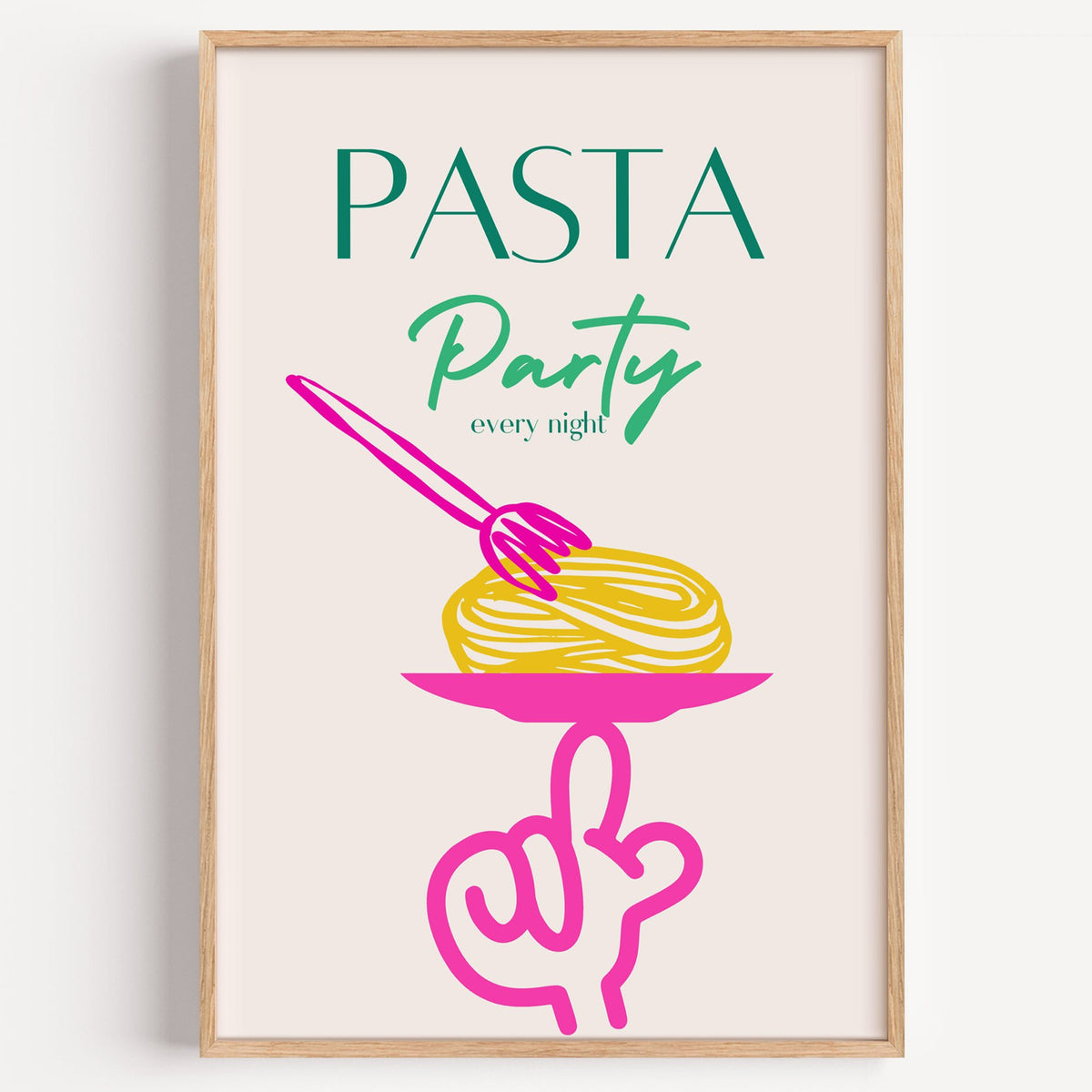 PASTA Party every night spaghetti plate print in a light oak frame on a plain white wall