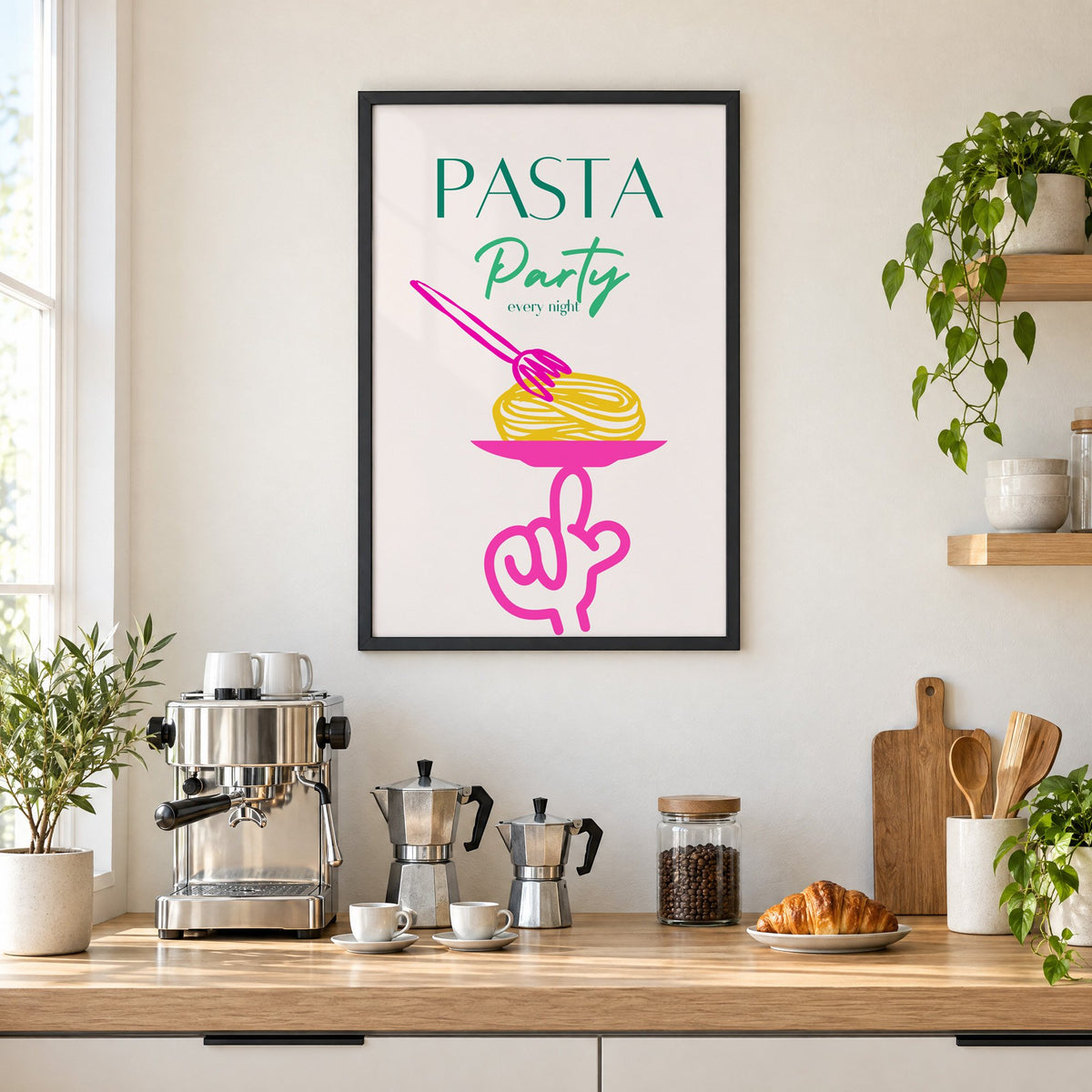 PASTA Party every night spaghetti plate print in a black frame above a home espresso bar with moka pots and espresso cups
