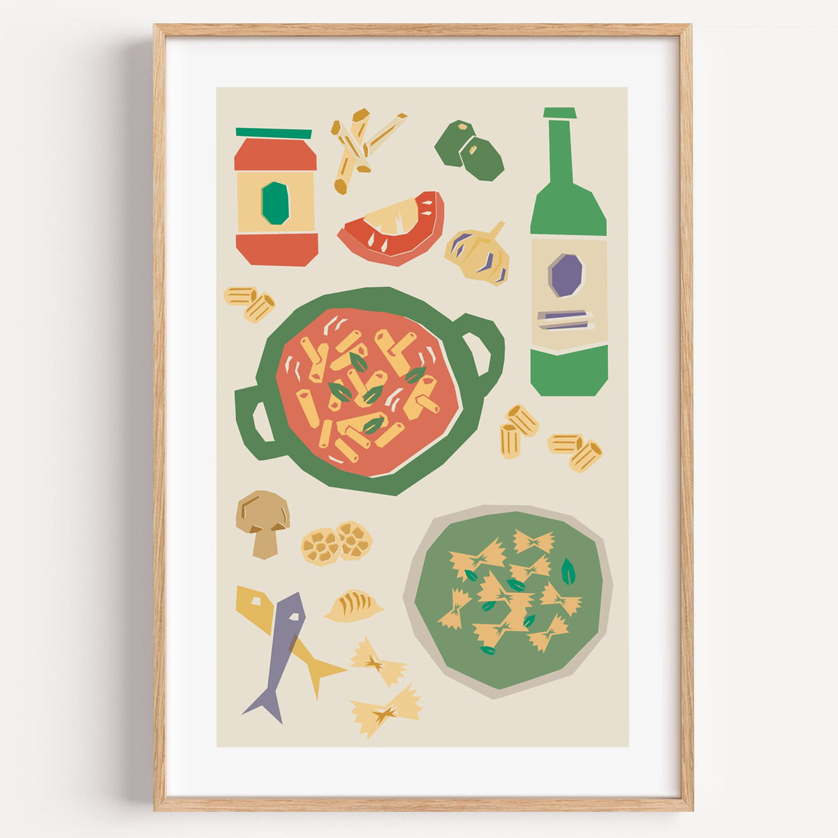 Penne pot and pesto farfalle cut-paper print in a light oak frame on a plain white wall