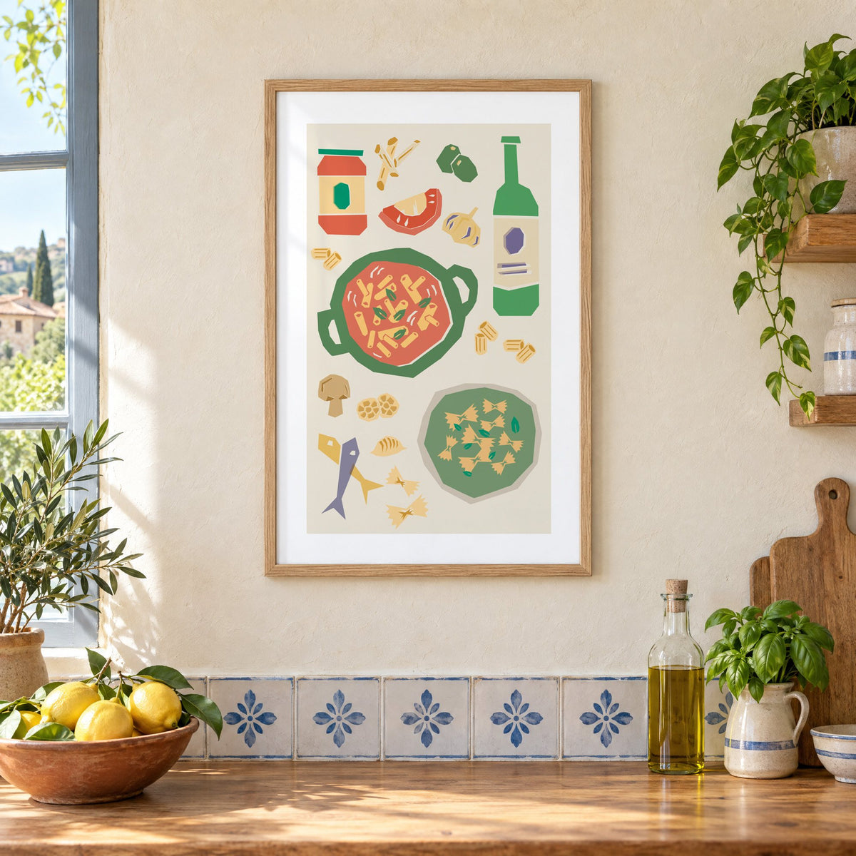 Penne pot and pesto farfalle cut-paper print in an oak frame on a cream plaster wall above a worktop with a bowl of lemons and blue-and-white tiles