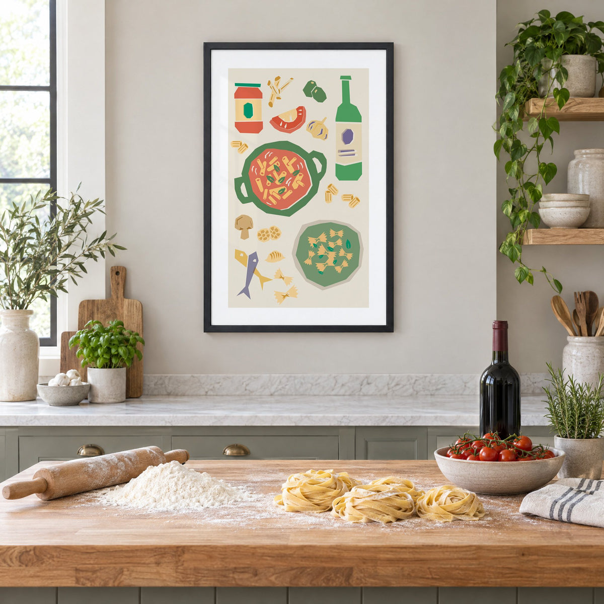 Penne pot and pesto farfalle cut-paper print in a black frame above a butcher-block island with fresh pasta, flour and cherry tomatoes