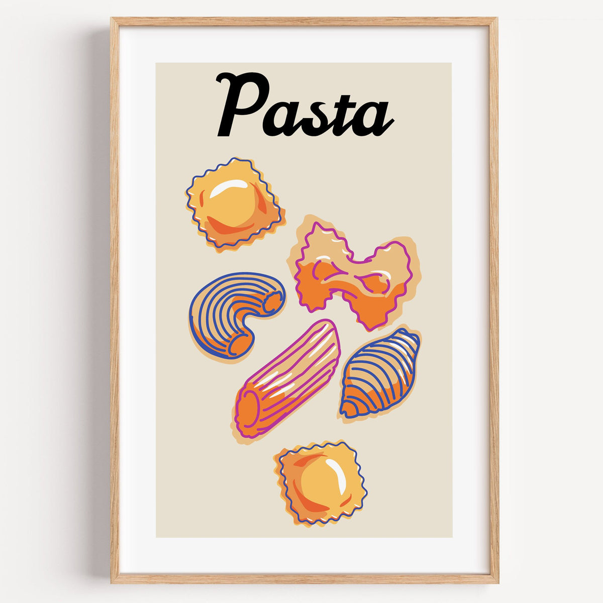 Pasta six pasta shapes offset-outline print in a light oak frame on a plain white wall