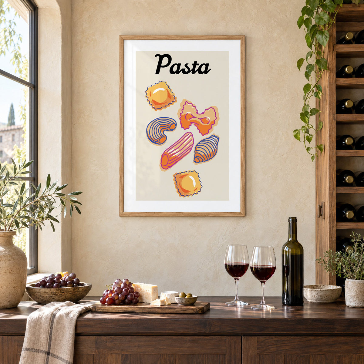 Pasta six pasta shapes offset-outline print in an oak frame on a limewashed wall above a wine counter with red wine, cheese and grapes