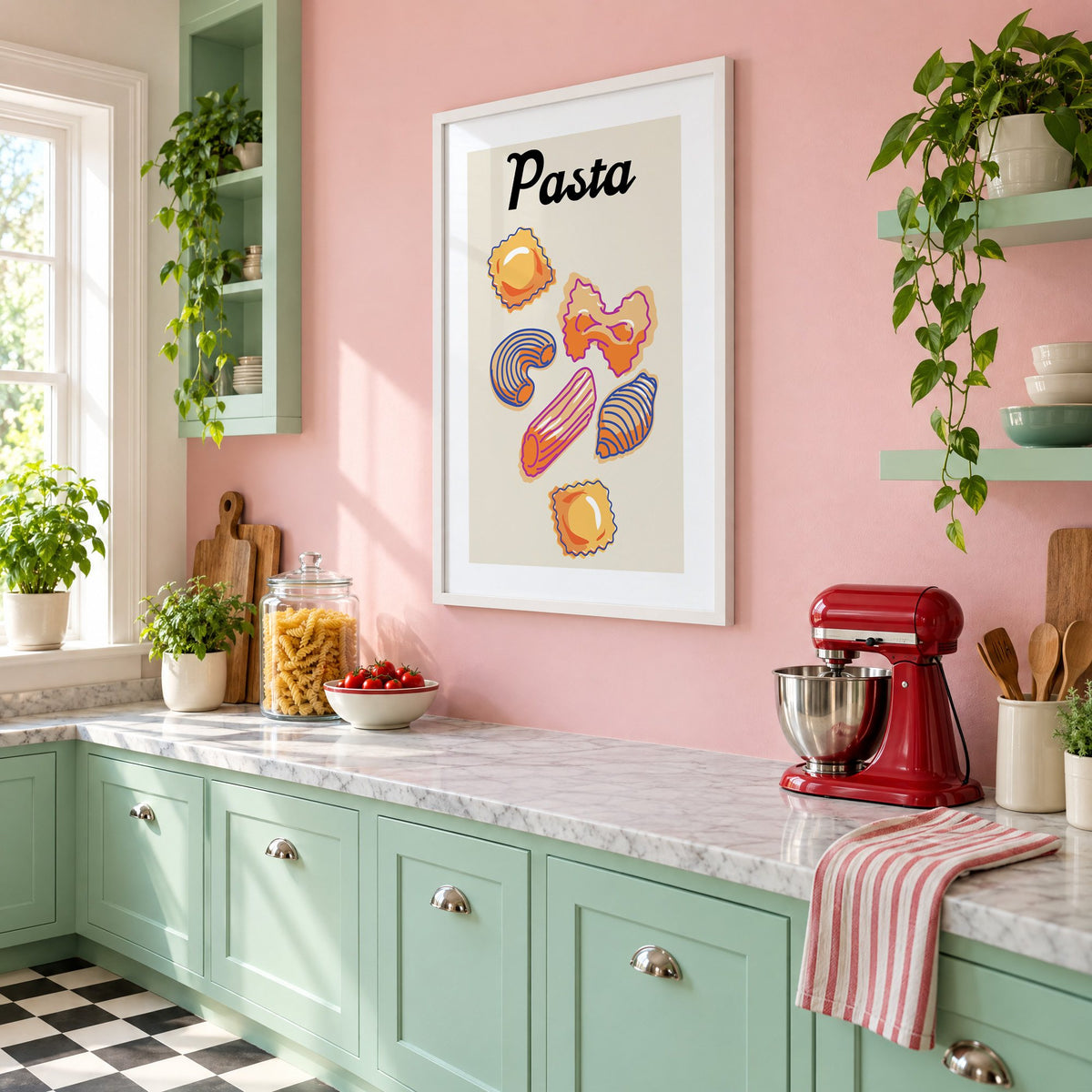 Pasta six pasta shapes offset-outline print in a white frame on a pink wall above mint green cabinets in a retro kitchen, seen at an angle