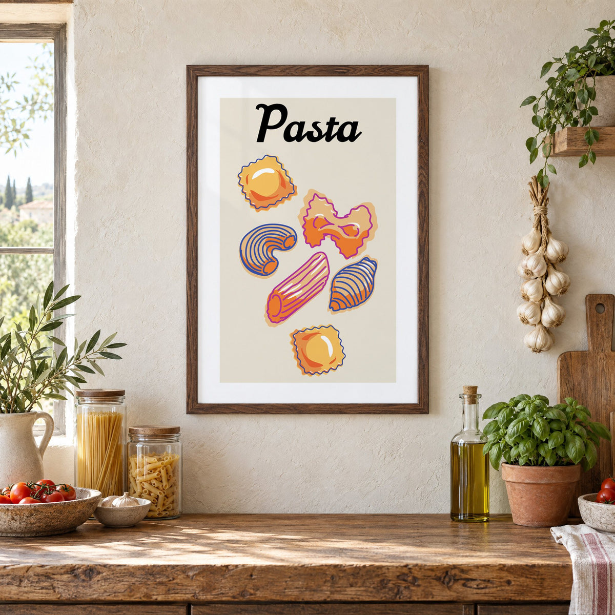 Pasta six pasta shapes offset-outline print in a walnut frame above a rustic Italian pantry counter with pasta jars, garlic and tomatoes