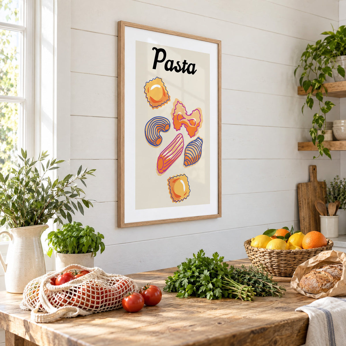 Pasta six pasta shapes offset-outline print in an oak frame on a shiplap wall above a farm table with market tomatoes and citrus, seen at an angle