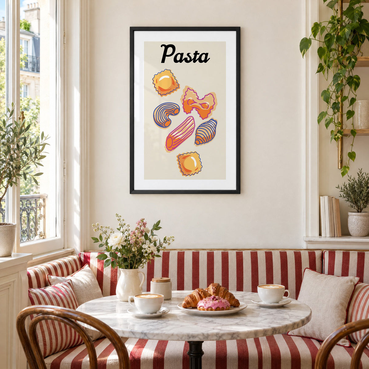 Pasta six pasta shapes offset-outline print in a black frame above a striped cafe breakfast nook with cappuccino and pastries