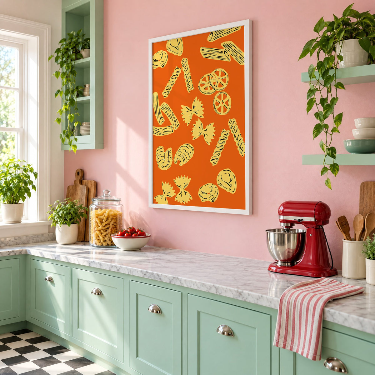 Orange pasta pattern woodcut-style print in a white frame on a pink wall above mint green cabinets in a retro kitchen, seen at an angle