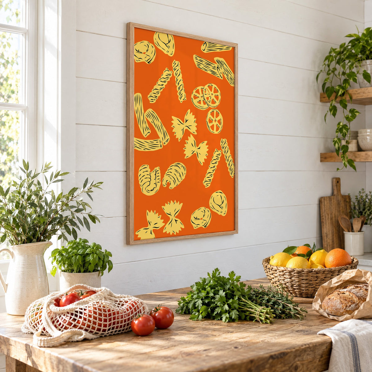 Orange pasta pattern woodcut-style print in an oak frame on a shiplap wall above a farm table with market tomatoes and citrus, seen at an angle