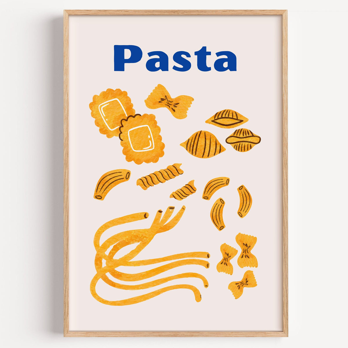Pasta blue title watercolor pasta shapes print in a light oak frame on a plain white wall