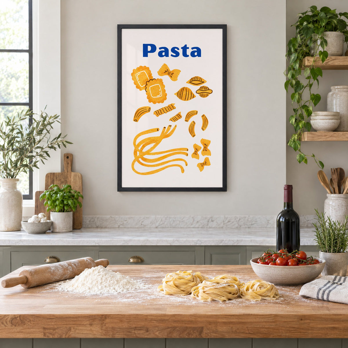 Pasta blue title watercolor pasta shapes print in a black frame above a butcher-block island with fresh pasta, flour and cherry tomatoes