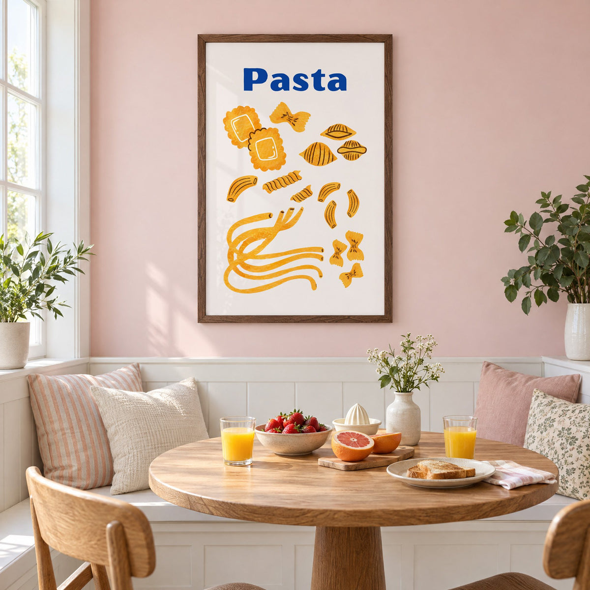 Pasta blue title watercolor pasta shapes print in a walnut frame on a pastel pink wall above a breakfast nook with strawberries and orange juice