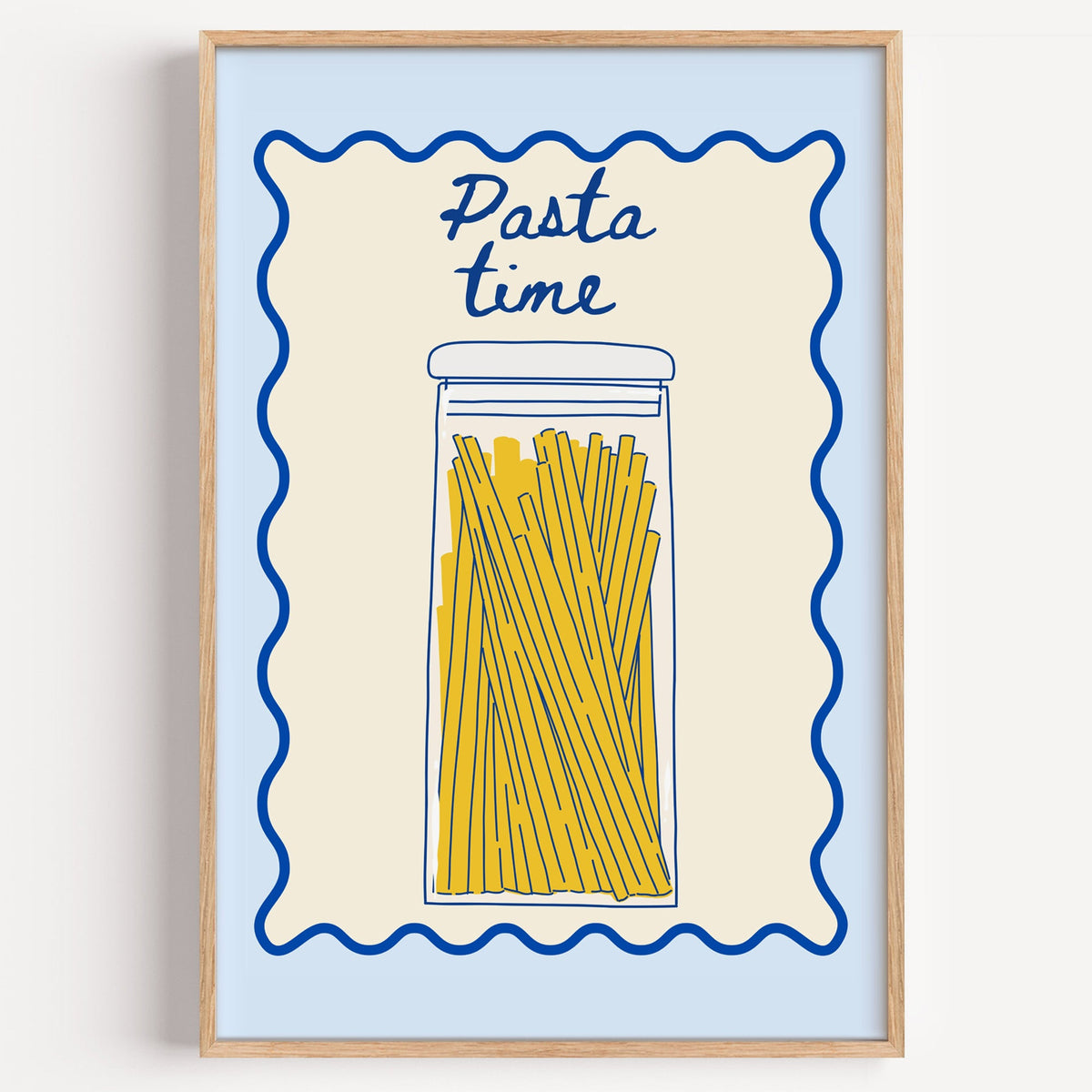 Pasta Time spaghetti jar print in a light oak frame on a plain white wall